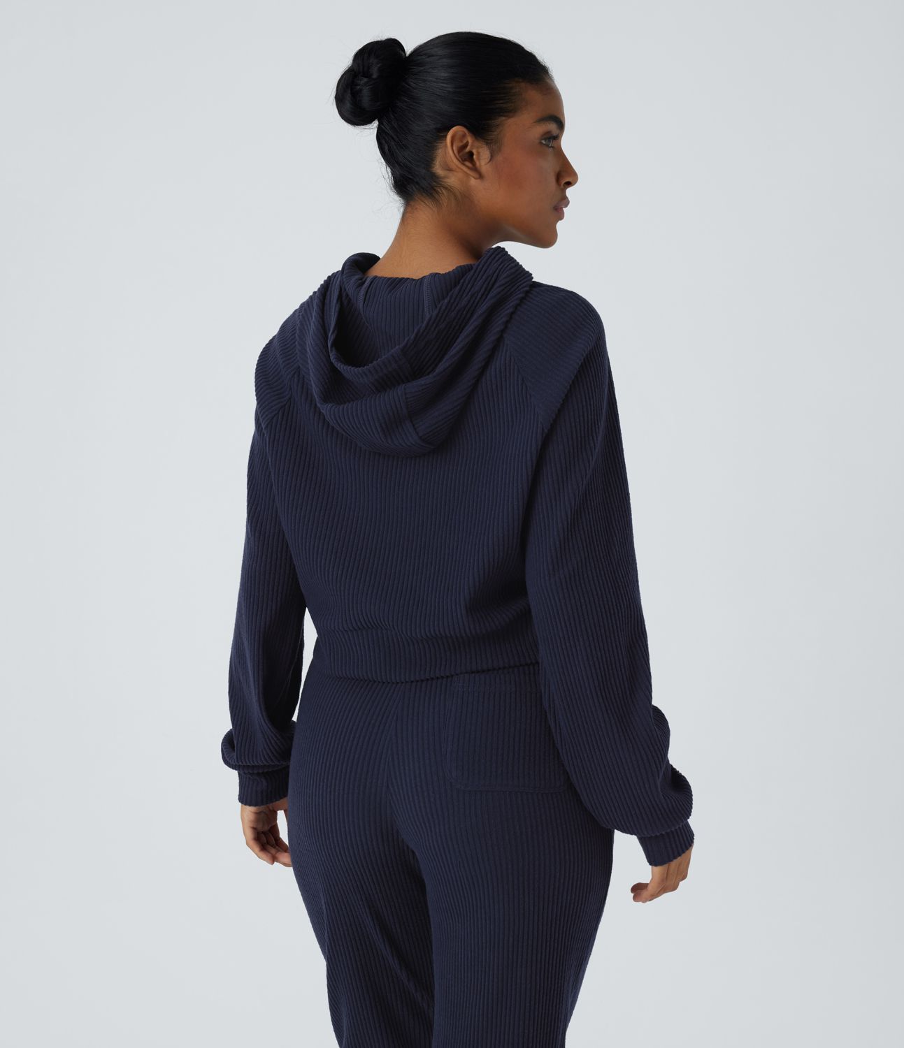 RIBBED KNIT HOOD LONG-SLEEVE SPLIT CASUAL SWEATSHIRT