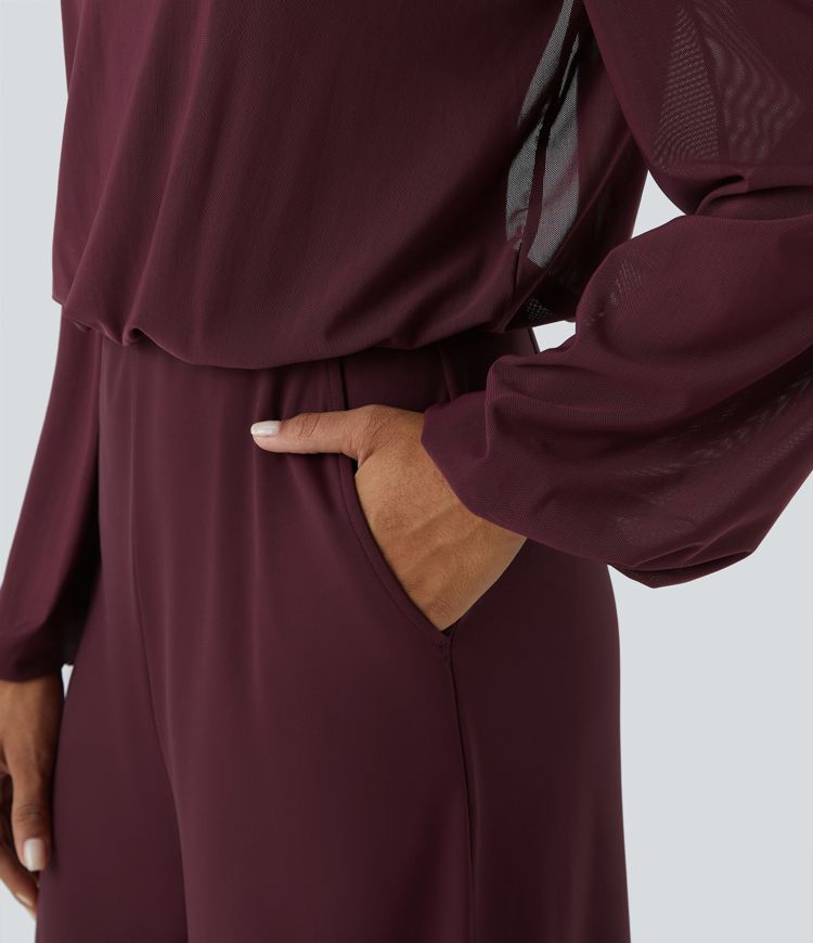 SoftlyZero™ Airy Boat Neck Long Sleeve Keyhole Back 2-in-1 Pocket Wide Leg Cool Touch Casual Jumpsuit-UPF50+