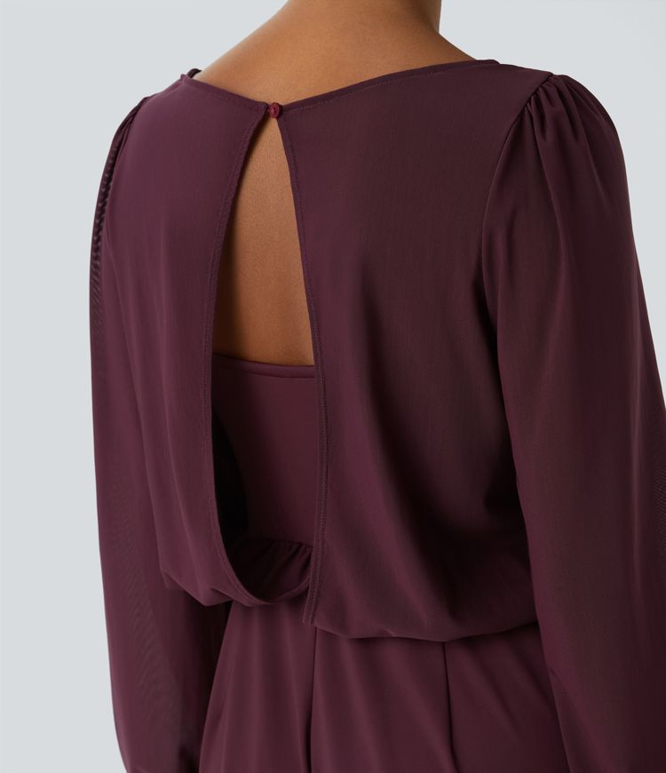 SoftlyZero™ Airy Boat Neck Long Sleeve Keyhole Back 2-in-1 Pocket Wide Leg Cool Touch Casual Jumpsuit-UPF50+