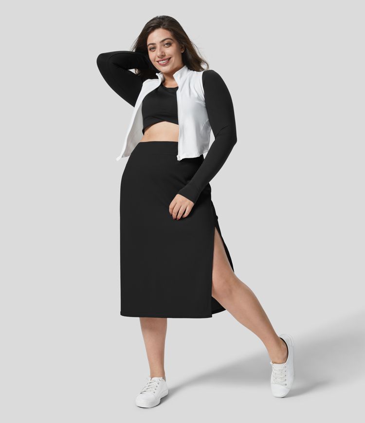 Women’s Ribbed High Waisted Split Bodycon Midi Casual Plus Size Skirt HALARA