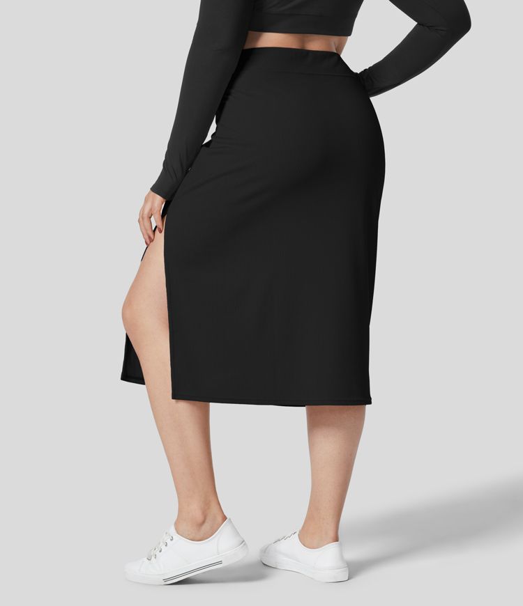Women’s Ribbed High Waisted Split Bodycon Midi Casual Plus Size Skirt HALARA