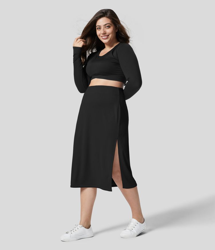 Women’s Ribbed High Waisted Split Bodycon Midi Casual Plus Size Skirt HALARA