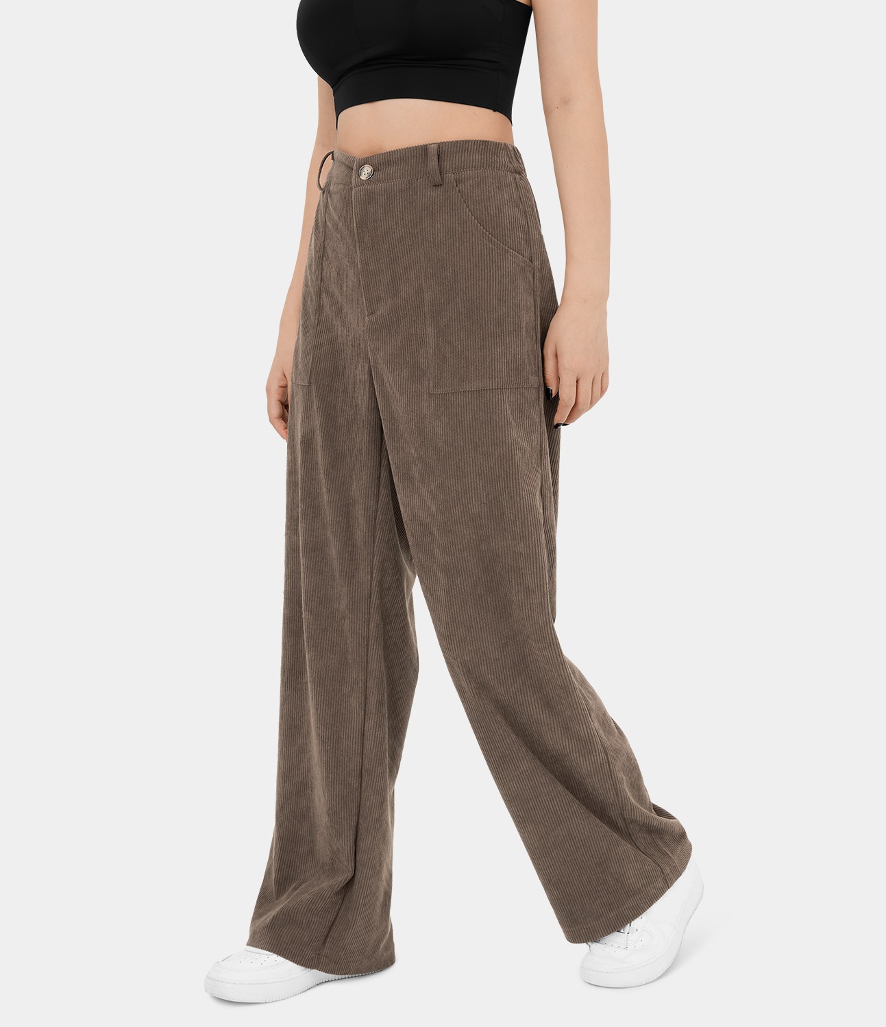 Mid Rise Button Zipper Side Pocket Corduroy Wide Leg Casual Pants