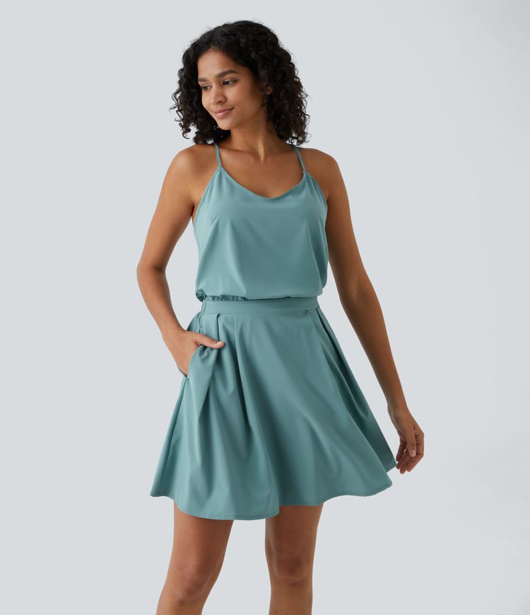 Breezeful™ Adjustable Strap Backless Cut Out Side Pocket Pleated Mini Quick Dry Casual Dress