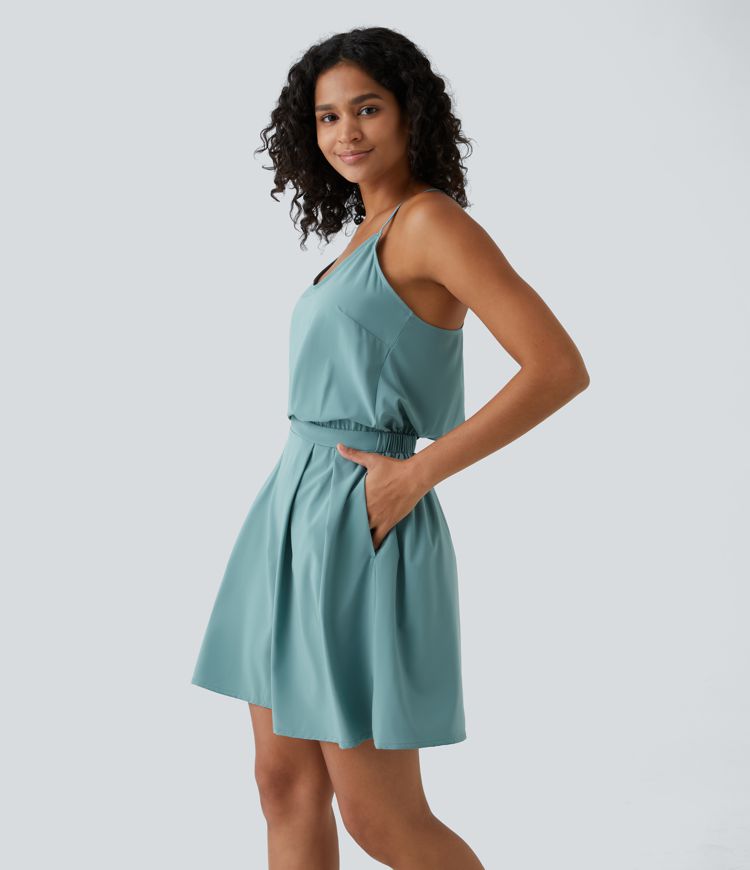 Breezeful™ Adjustable Strap Backless Cut Out Side Pocket Pleated Mini Quick Dry Casual Dress