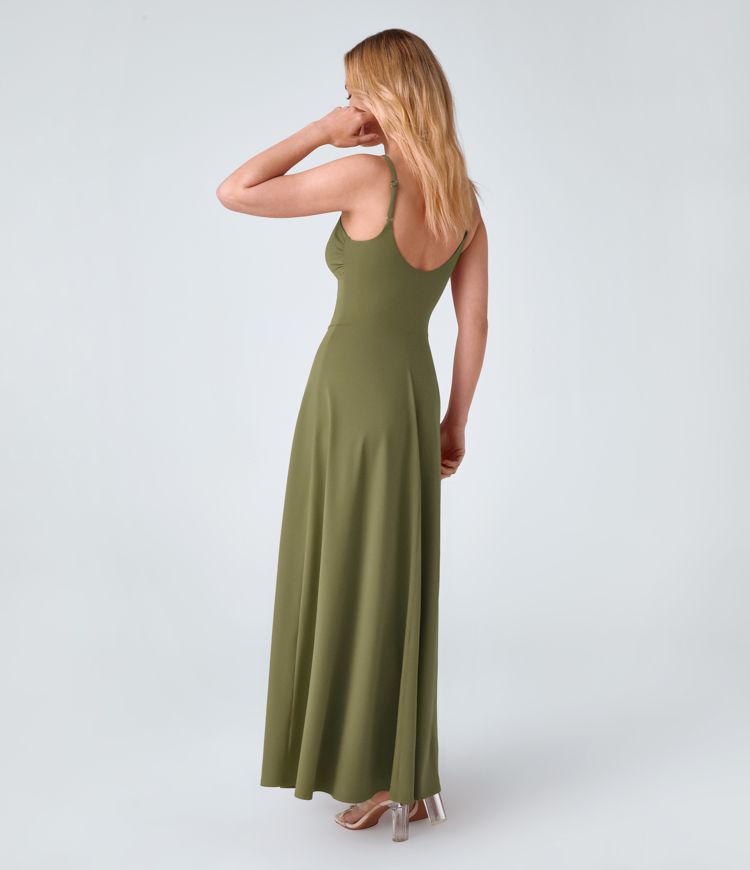 Adjustable Strap U Back Backless Twisted Flare Flowy Maxi Slip Resort Dress