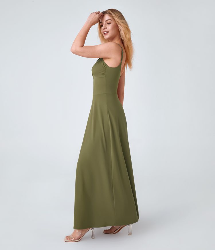 Adjustable Strap U Back Backless Twisted Flare Flowy Maxi Slip Resort Dress
