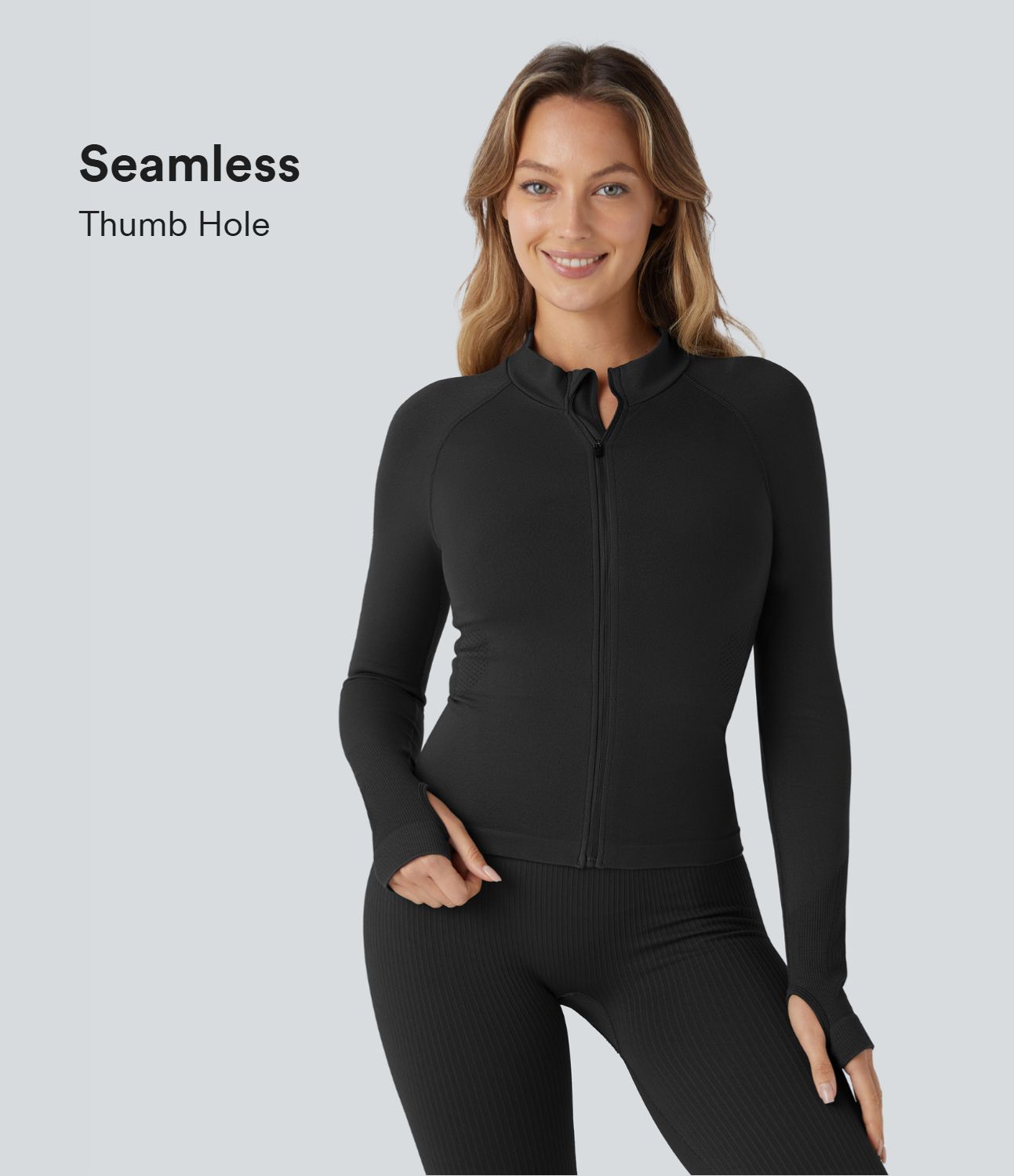 Veste yoga ajustée zippée col montant manches raglan avec passants pouces sans couture OneForm Seamless Flow