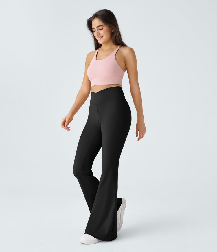 Cross Over High-Waisted Back Pocket Super Flare Leggings