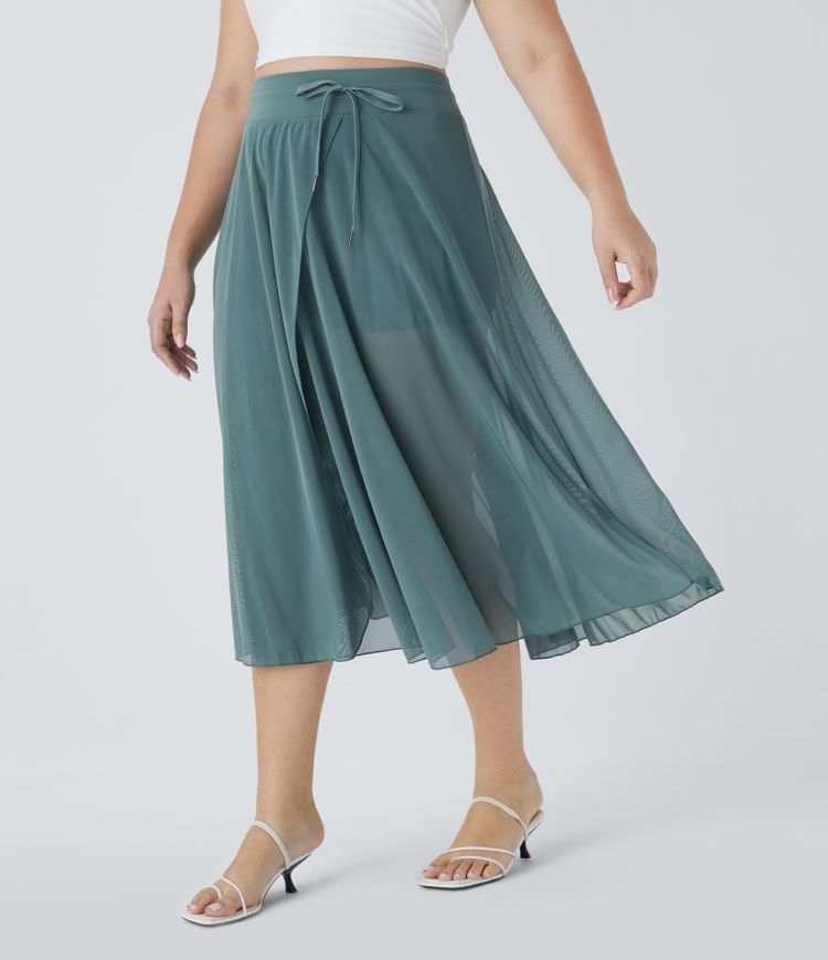 High Waisted Drawstring Contrast Mesh 2-in-1 Pocket Flowy Midi Flare Casual Plus Size Skirt