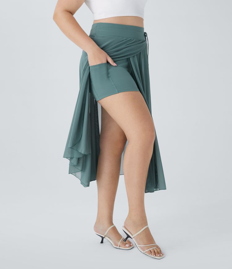High Waisted Drawstring Contrast Mesh 2-in-1 Pocket Flowy Midi Flare Casual Plus Size Skirt