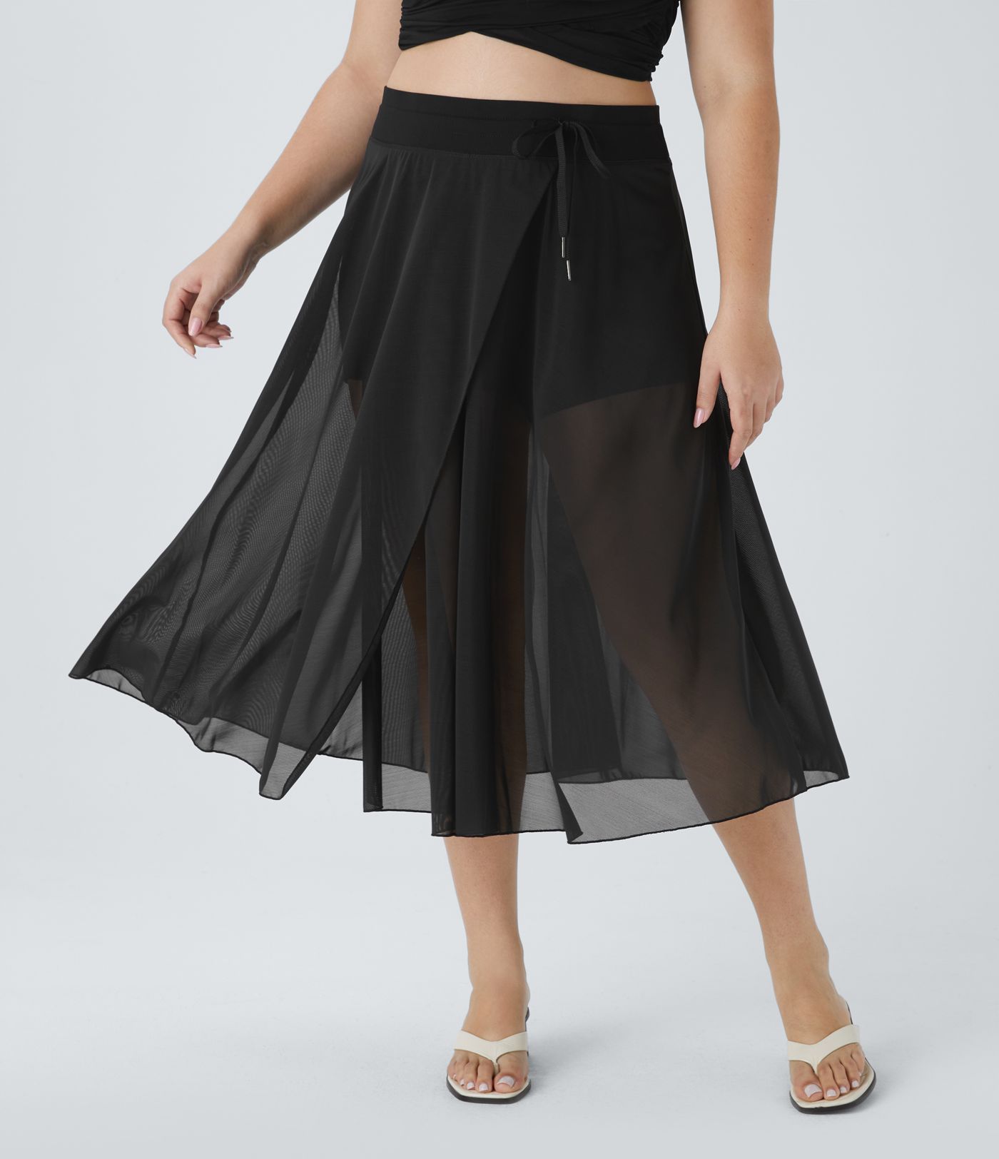 Plus Size Midirock mit hohem Bund aus kontrastierender Netzstoff mit Kordelzug, 2-in-1-Seitentasche