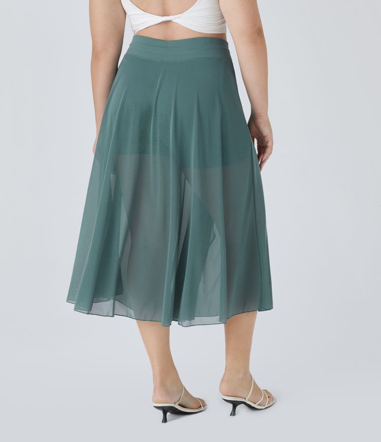 High Waisted Drawstring Contrast Mesh 2-in-1 Pocket Flowy Midi Flare Casual Plus Size Skirt