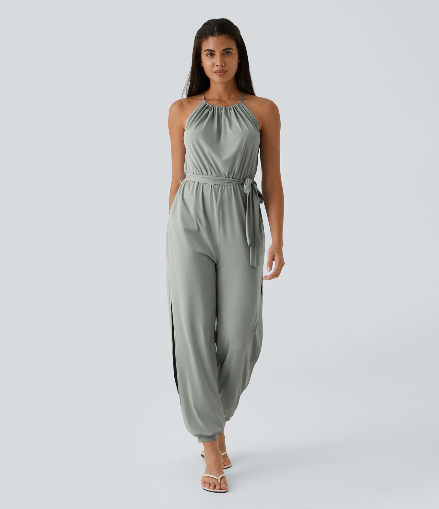 Sleeveless Tie Back Belted Side Pocket Cut Out Cool Touch Resort Jumpsuit-UPF50+