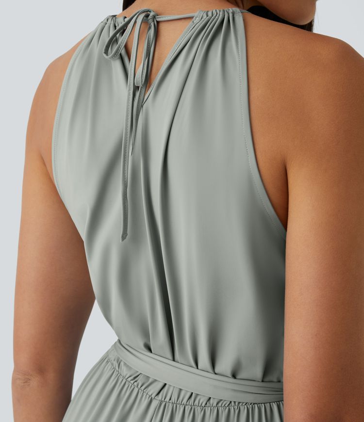 Sleeveless Tie Back Belted Side Pocket Cut Out Cool Touch Resort Jumpsuit-UPF50+