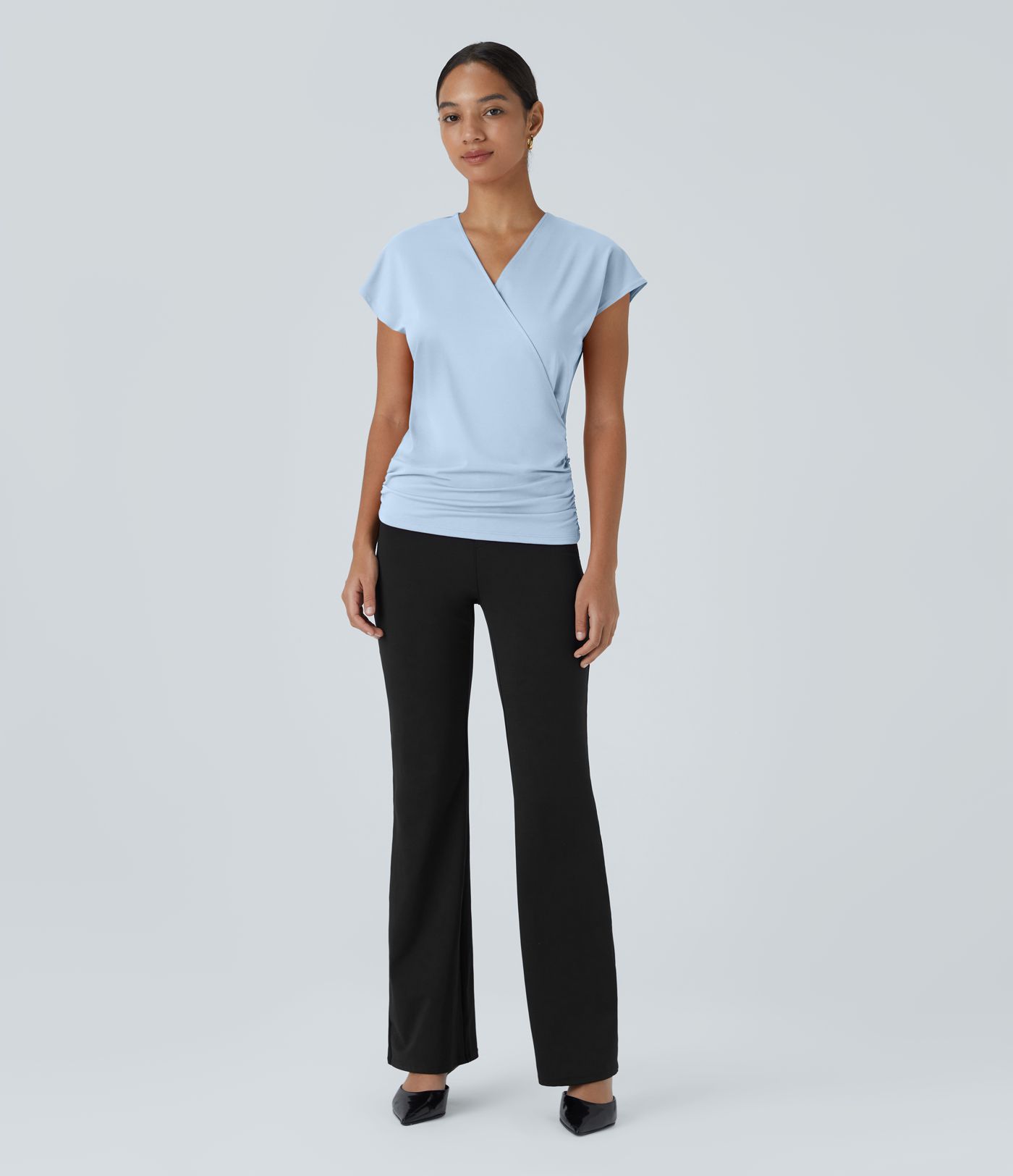 V Neck Cap Sleeve Crossover Ruched Solid Work Blouse