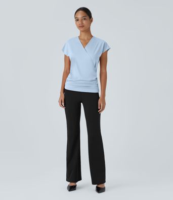 V Neck Cap Sleeve Crossover Ruched Solid Work Blouse