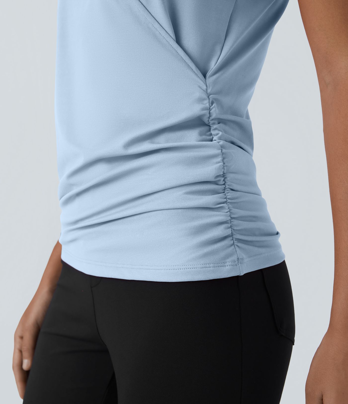 V Neck Cap Sleeve Crossover Ruched Solid Work Blouse