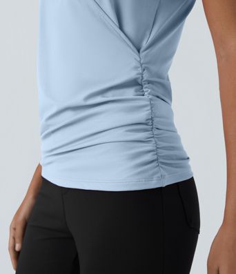 V Neck Cap Sleeve Crossover Ruched Solid Work Blouse