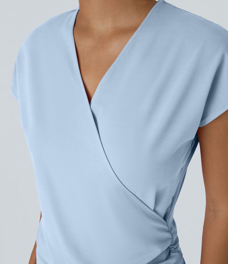 V Neck Cap Sleeve Crossover Ruched Solid Work Blouse