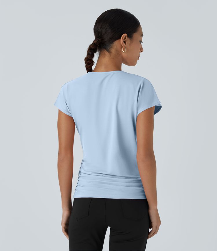 V Neck Cap Sleeve Crossover Ruched Solid Work Blouse