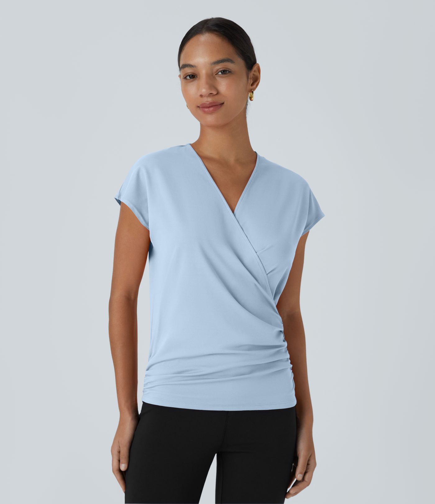 V Neck Cap Sleeve Crossover Ruched Solid Work Blouse