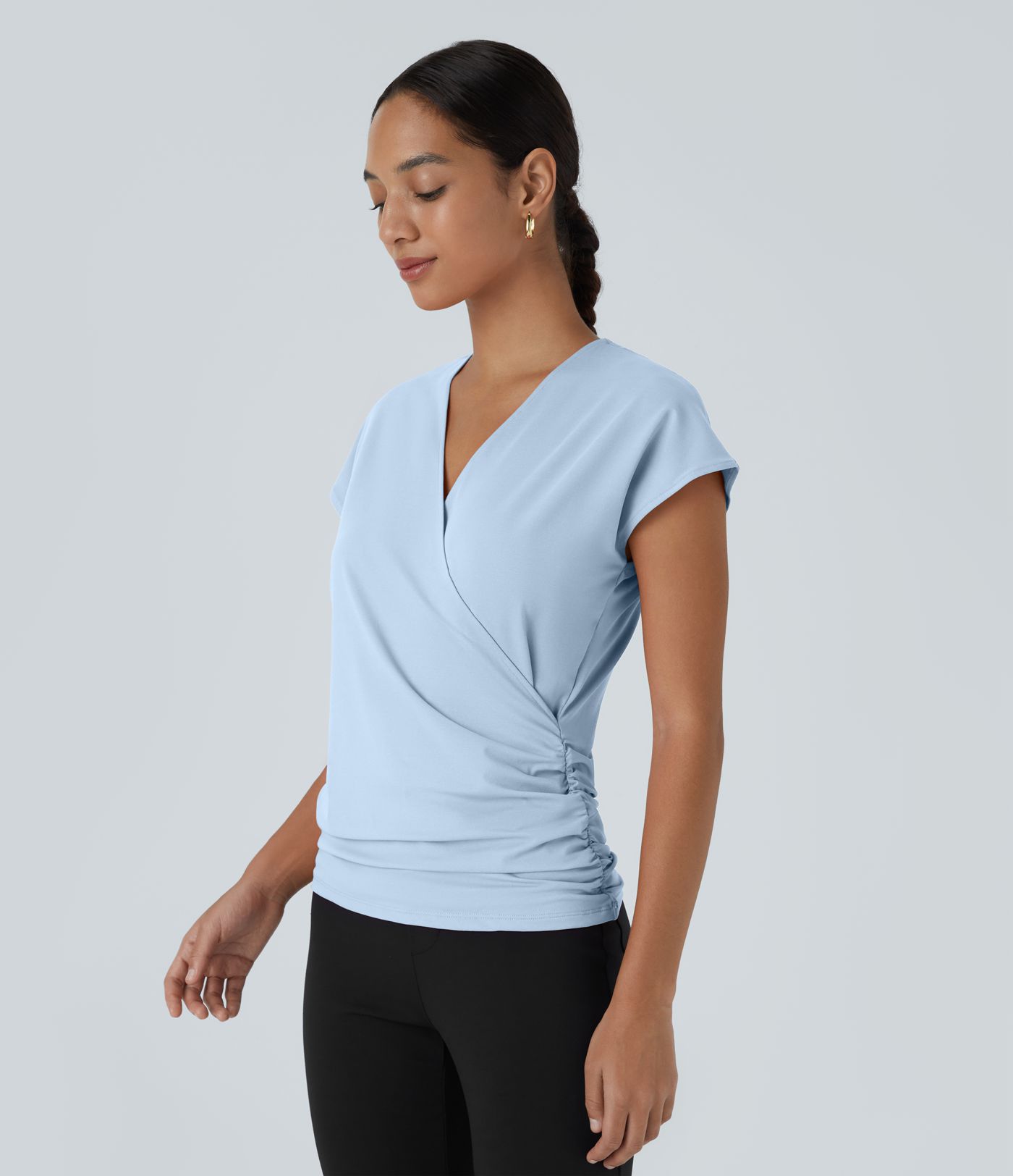 V Neck Cap Sleeve Crossover Ruched Solid Work Blouse