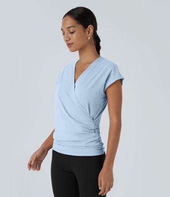 V Neck Cap Sleeve Crossover Ruched Solid Work Blouse