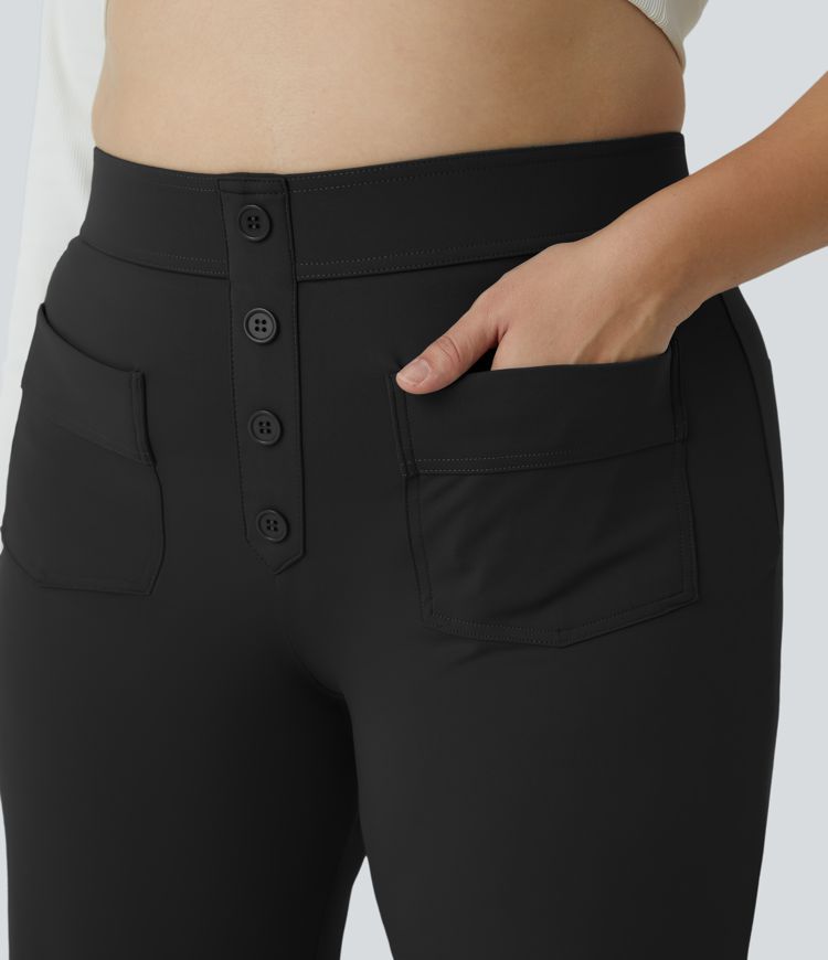 Pantalón tiro alto botón múltiple bolsillo pierna recta talla grande
