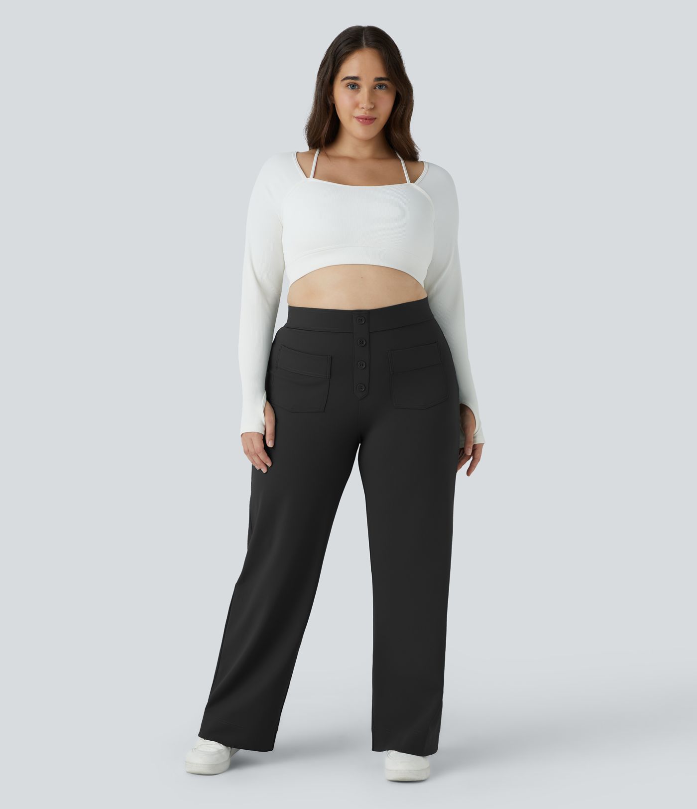 Pantalón tiro alto botón múltiple bolsillo pierna recta talla grande