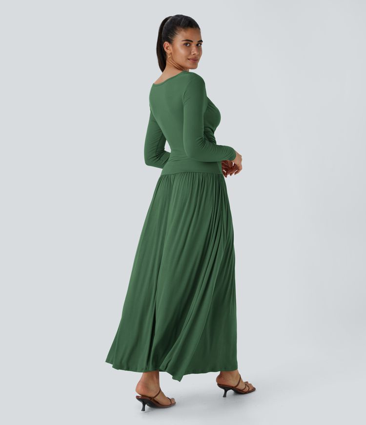 Robe Casual Maxi Fluide Encolure Bateau en Côtes avec Poches Latérales et Froncée