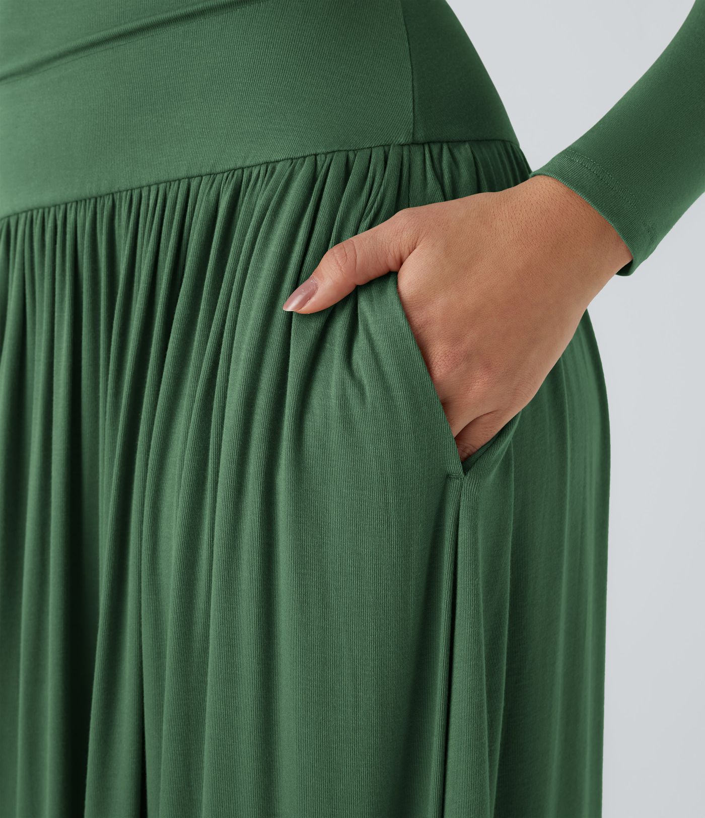 Robe Casual Maxi Fluide Encolure Bateau en Côtes avec Poches Latérales et Froncée