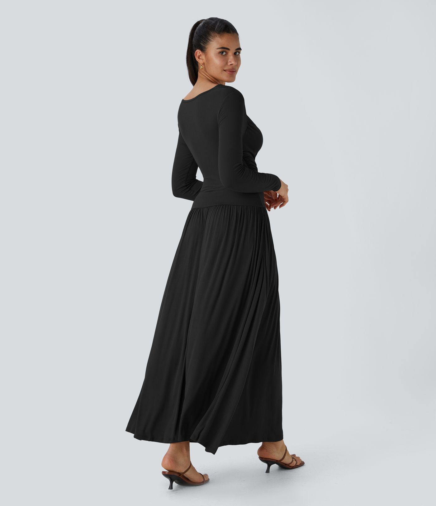 Robe Casual Maxi Fluide Encolure Bateau en Côtes avec Poches Latérales et Froncée
