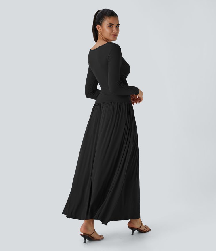 Ribbed Boat Neck Long Sleeve Ruched Side Pocket Flowy Maxi Casual Dress