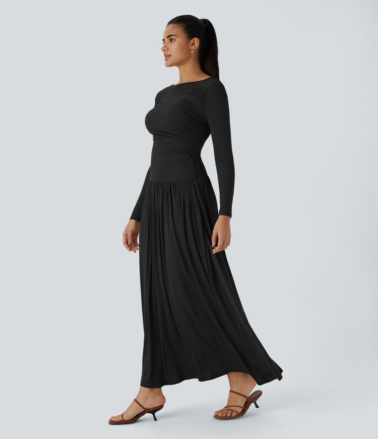 Ribbed Boat Neck Long Sleeve Ruched Side Pocket Flowy Maxi Casual Dress