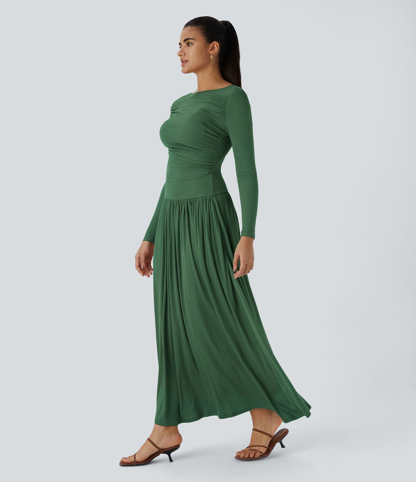 Robe Casual Maxi Fluide Encolure Bateau en Côtes avec Poches Latérales et Froncée