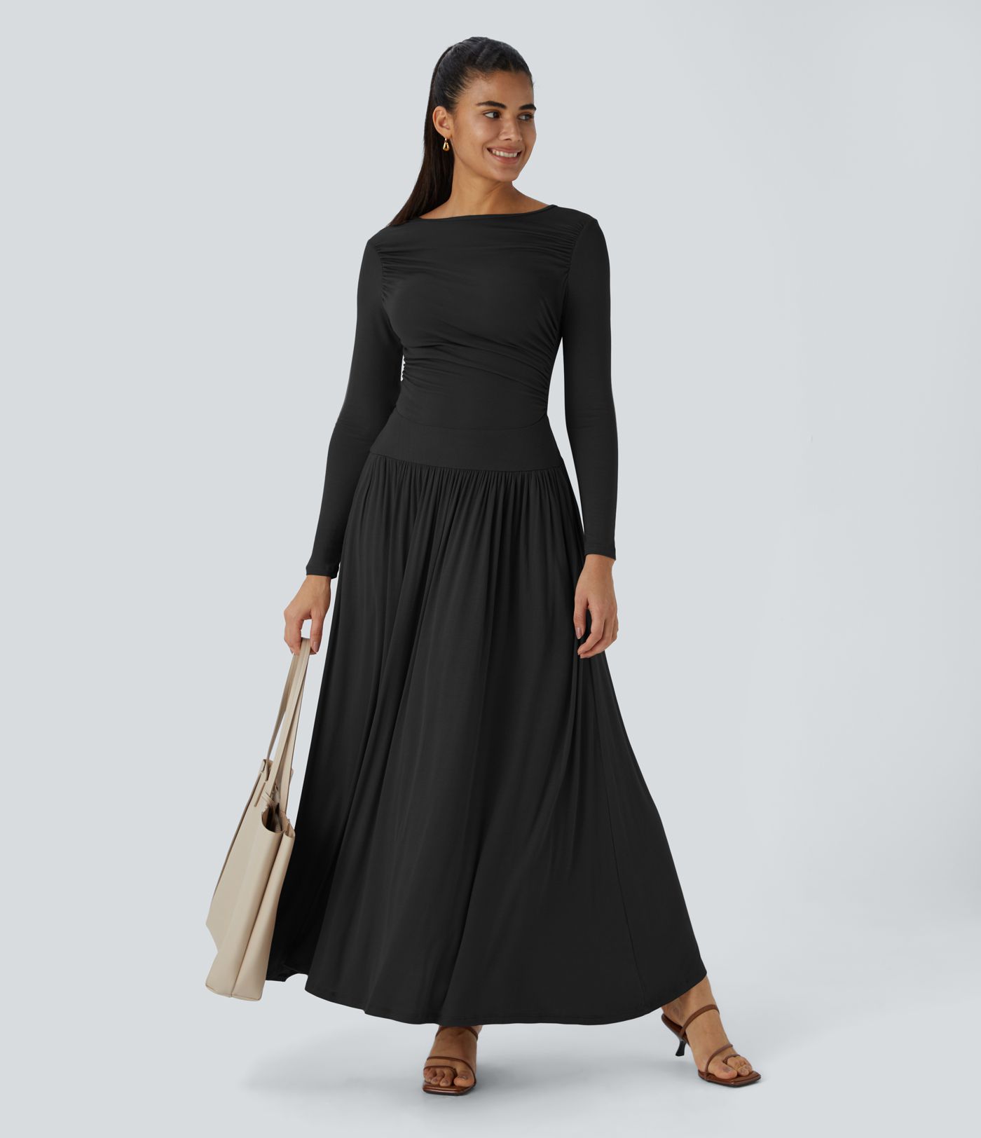 Robe Casual Maxi Fluide Encolure Bateau en Côtes avec Poches Latérales et Froncée