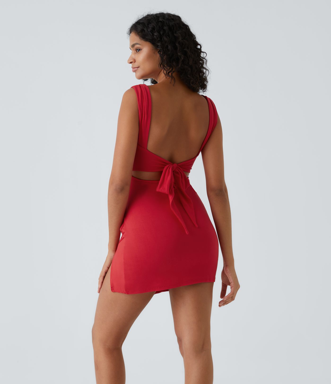 Ruched Backless Tie Back Split Hem Bodycon Mini Casual Dress