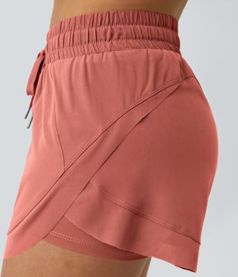 Mid Rise Drawstring Contrast Mesh 2-in-1 Flowy Running Shorts 3''