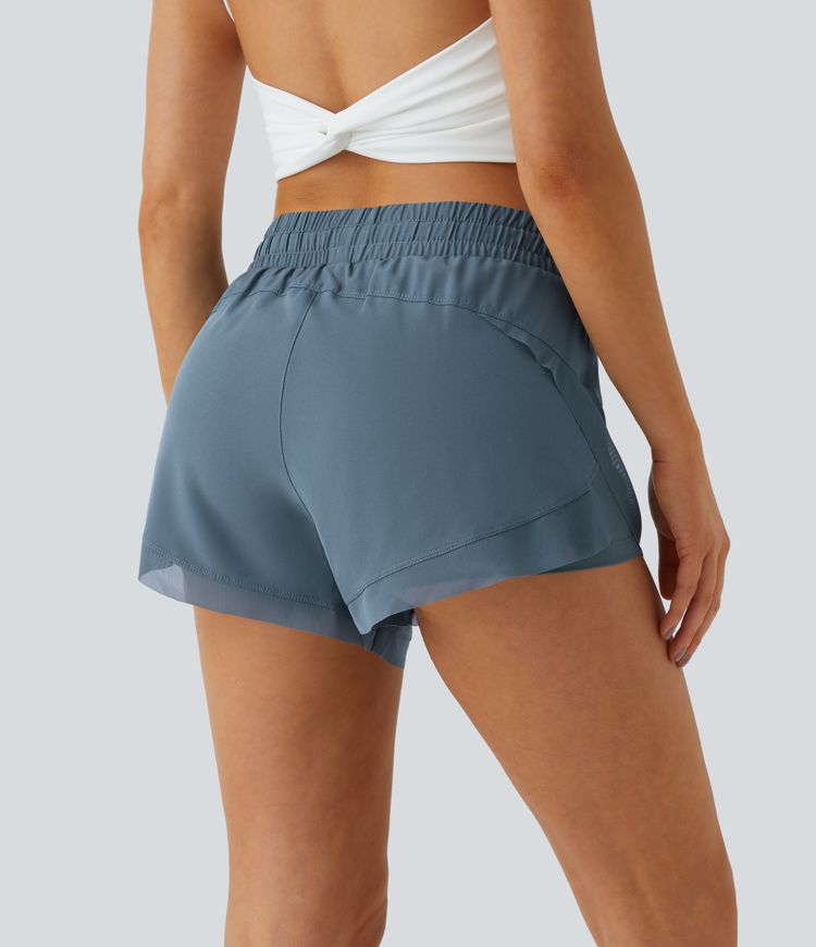 Mid Rise Drawstring Contrast Mesh 2-in-1 Flowy Running Shorts 3''