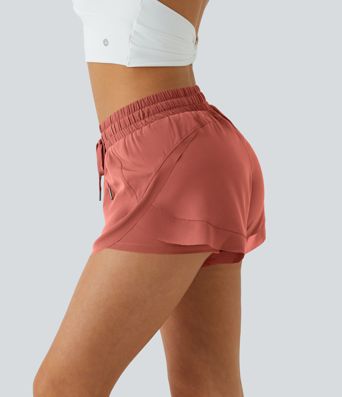 Mid Rise Drawstring Contrast Mesh 2-in-1 Flowy Running Shorts 3''