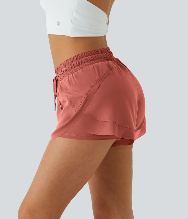 Mid Rise Drawstring Contrast Mesh 2-in-1 Flowy Running Shorts 3''