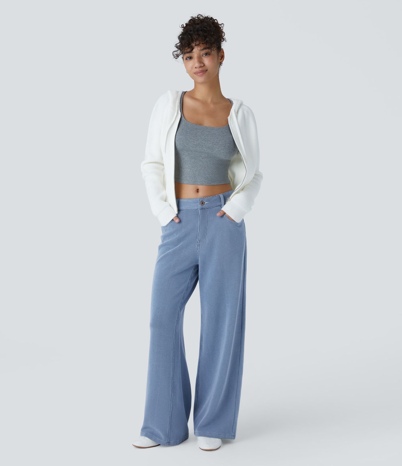 Halara Flex™ Low-Rise Jeans with button, zipper, multiple pockets, waffle texture, stretchy knit fabric, wide leg, casual jeans