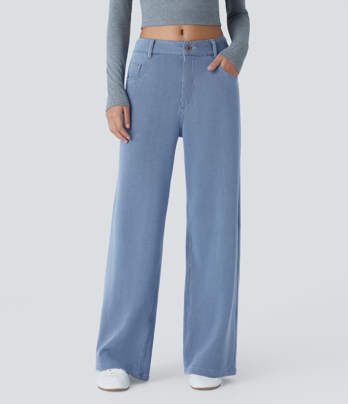 Halara Flex™ Low-Rise Jeans with button, zipper, multiple pockets, waffle texture, stretchy knit fabric, wide leg, casual jeans