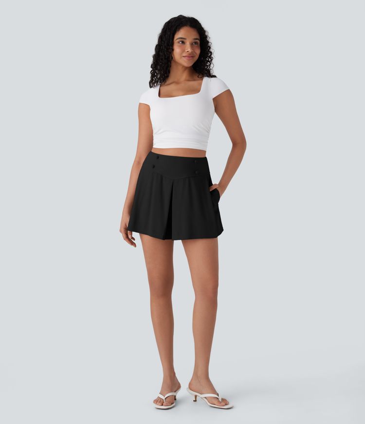 Short décontracté taille haute en tissu gaufré micro avec poches latérales 6,5 cm