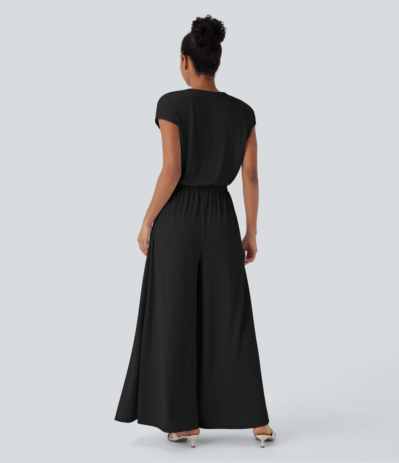 V Neck Short Sleeve Pocket Wide Leg Flowy Waffle Casual Jumpsuit-Easy Peezy Edition V Neck Short Sleeve Pocket Wide Leg Flowy Waffle Casual Jumpsuit-Easy Peezy Edition