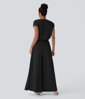 V Neck Short Sleeve Pocket Wide Leg Flowy Waffle Casual Jumpsuit-Easy Peezy Edition V Neck Short Sleeve Pocket Wide Leg Flowy Waffle Casual Jumpsuit-Easy Peezy Edition