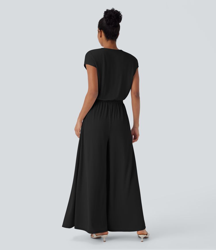 V Neck Short Sleeve Pocket Wide Leg Flowy Waffle Casual Jumpsuit-Easy Peezy Edition V Neck Short Sleeve Pocket Wide Leg Flowy Waffle Casual Jumpsuit-Easy Peezy Edition