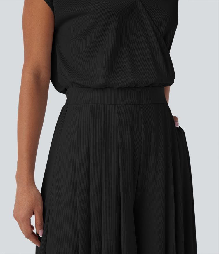 V Neck Short Sleeve Pocket Wide Leg Flowy Waffle Casual Jumpsuit-Easy Peezy Edition V Neck Short Sleeve Pocket Wide Leg Flowy Waffle Casual Jumpsuit-Easy Peezy Edition