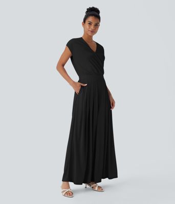 V Neck Short Sleeve Pocket Wide Leg Flowy Waffle Casual Jumpsuit-Easy Peezy Edition V Neck Short Sleeve Pocket Wide Leg Flowy Waffle Casual Jumpsuit-Easy Peezy Edition